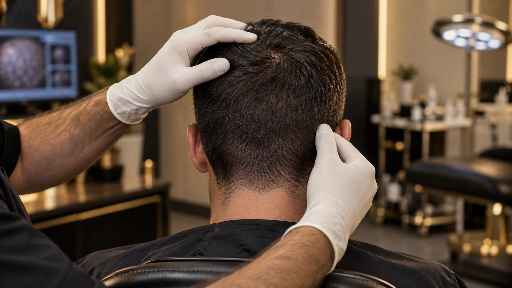 Hair transplant specialist examining the preserved donor area at the back of a patient’s scalp