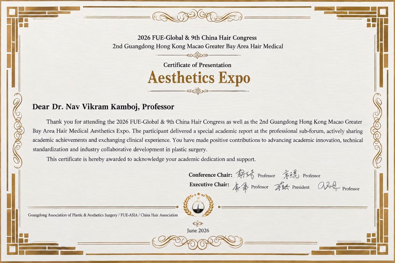 Certificate of Presentation awarded to Dr. Nav Vikram Kamboj at the 2026 FUE-Global and 9th China Hair Congress, June 2026.