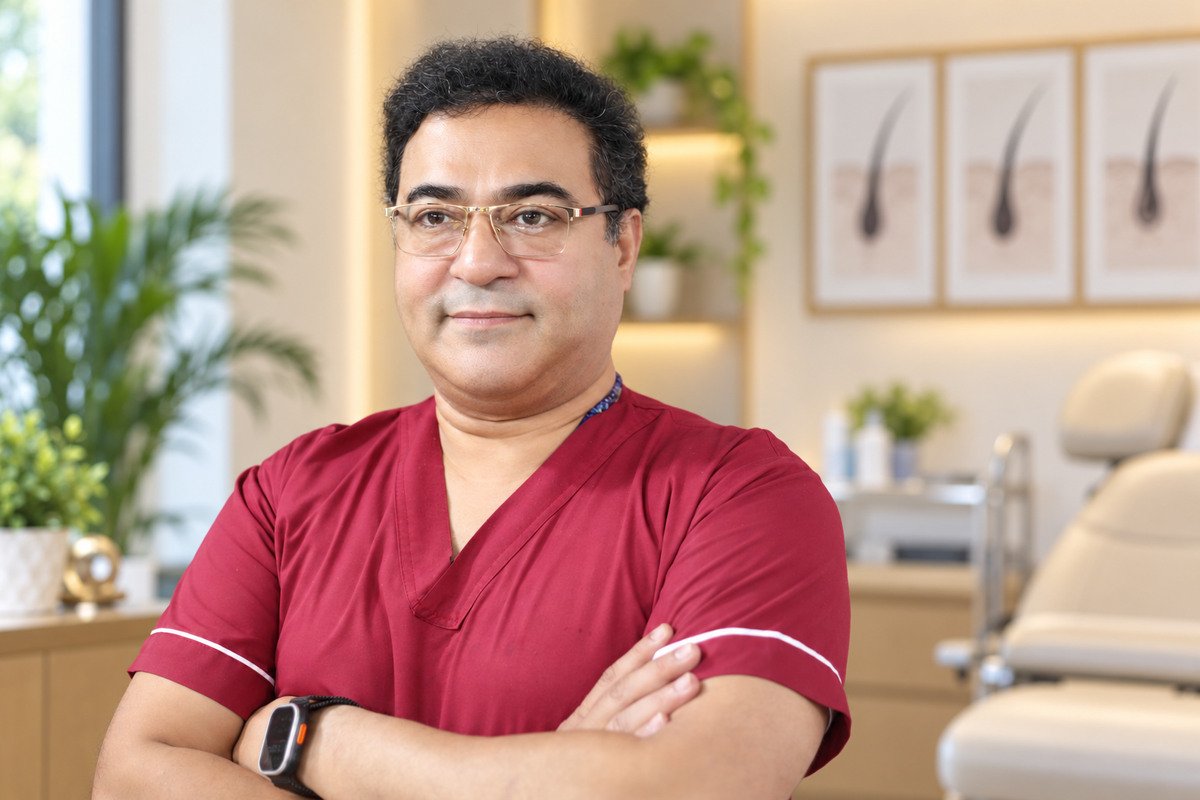 Portrait of Dr. Nav Vikram Kamboj in a modern hair-restoration clinic office setting.