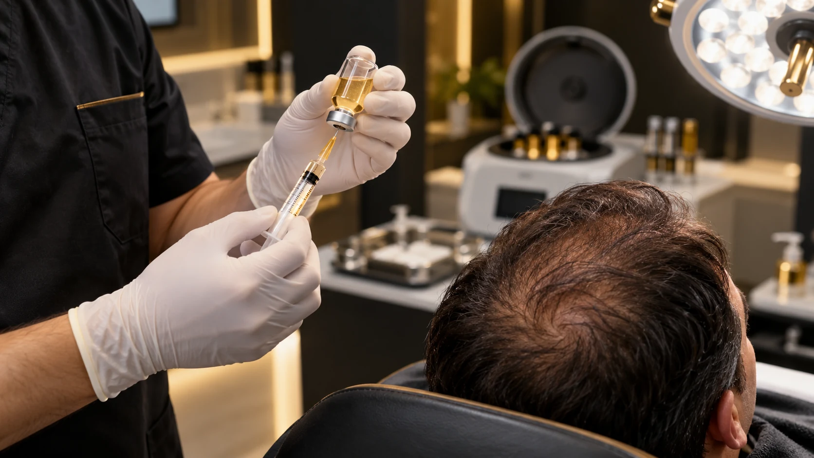 Clinician preparing sterile growth factor concentrate for a patient with thinning hair